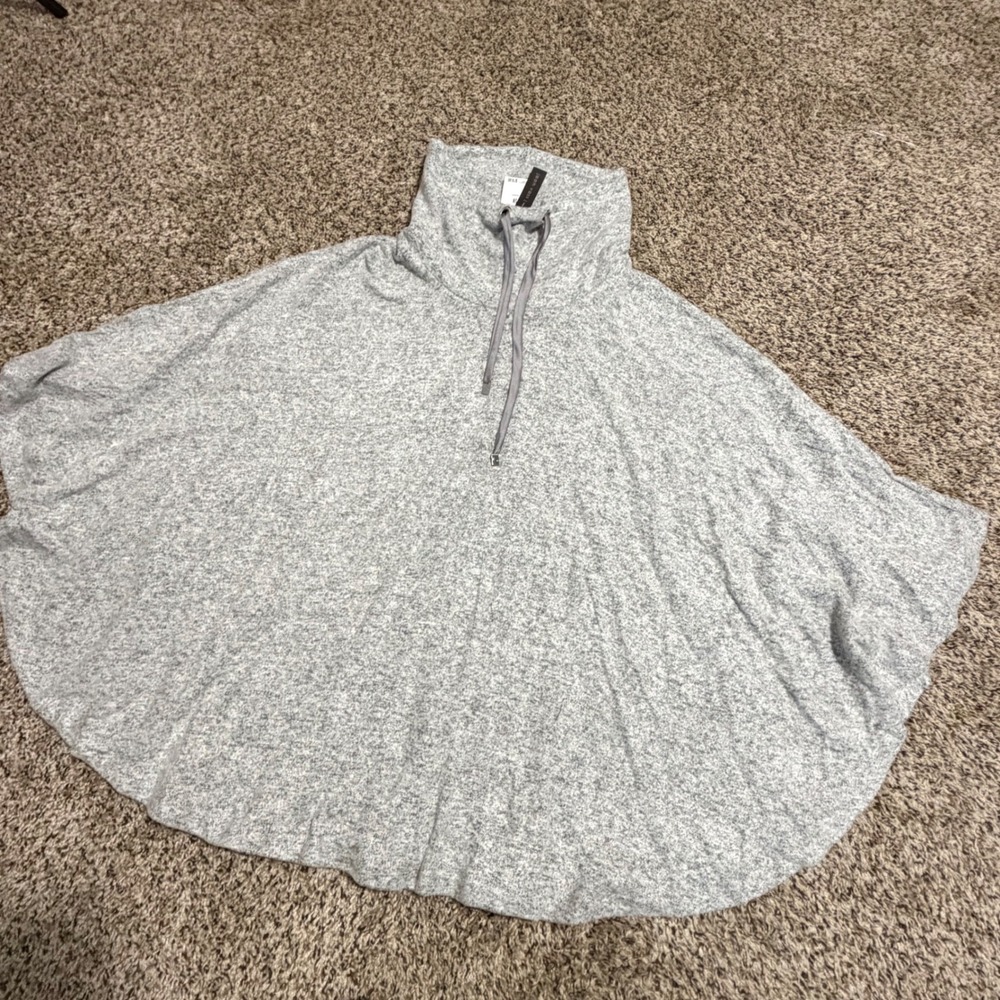 Joan Vass New York Women Grey Heather Cowl Neck Drawstring Poncho SM NEW
